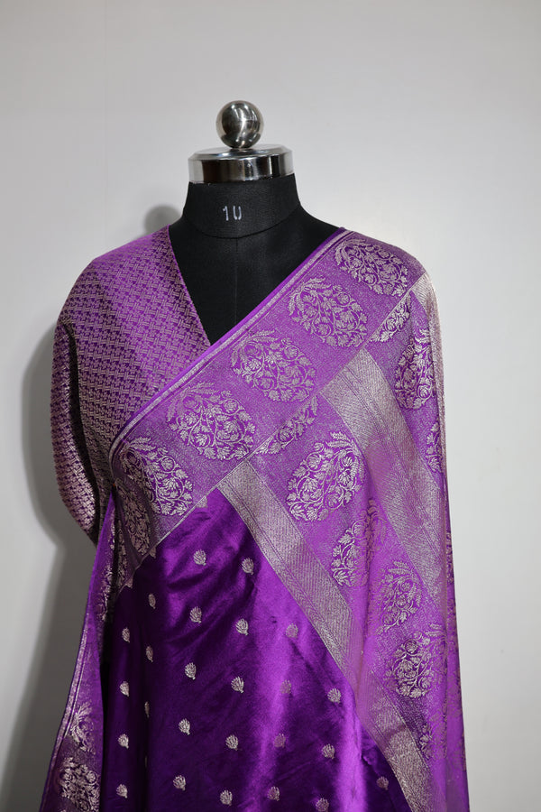 Authentic Banarasi Mashru Silk Saree - Weave with Platinum Water Zari