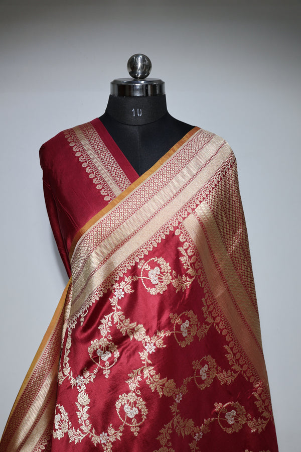 Pure Katan Silk Jungla Handwoven Banarasi Saree – Certified Handloom Kadua